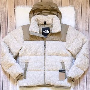 The North Face Cream Sherpa Puffer Jacket with Tan Accents
